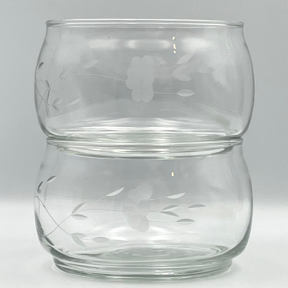 Vintage 1980s Princess House Heritage Stackable Bowls Set 2 Etched Floral Glass